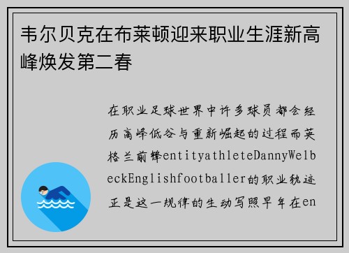 韦尔贝克在布莱顿迎来职业生涯新高峰焕发第二春